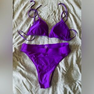 Purple bikini with sheer crop top